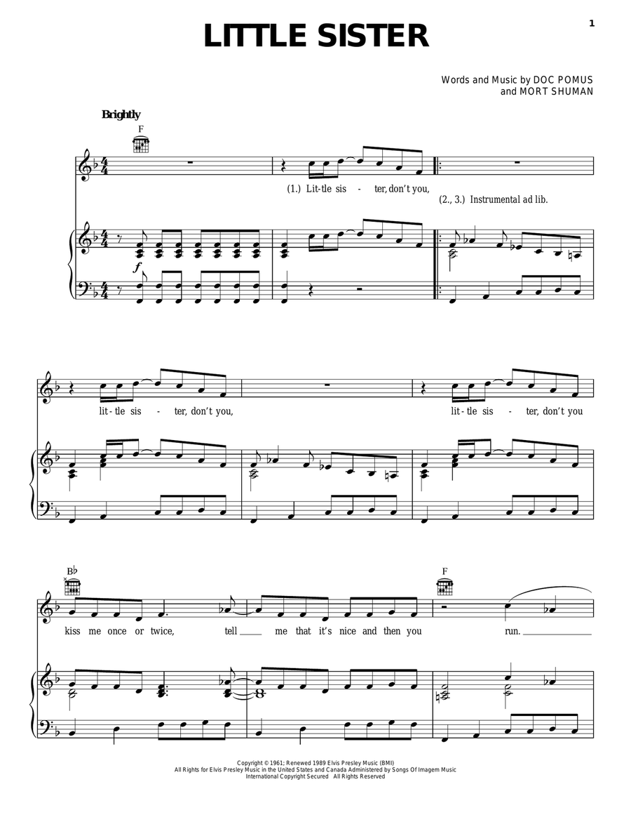 Little Sister Piano, Vocal, Guitar scores gallery preview page 1
