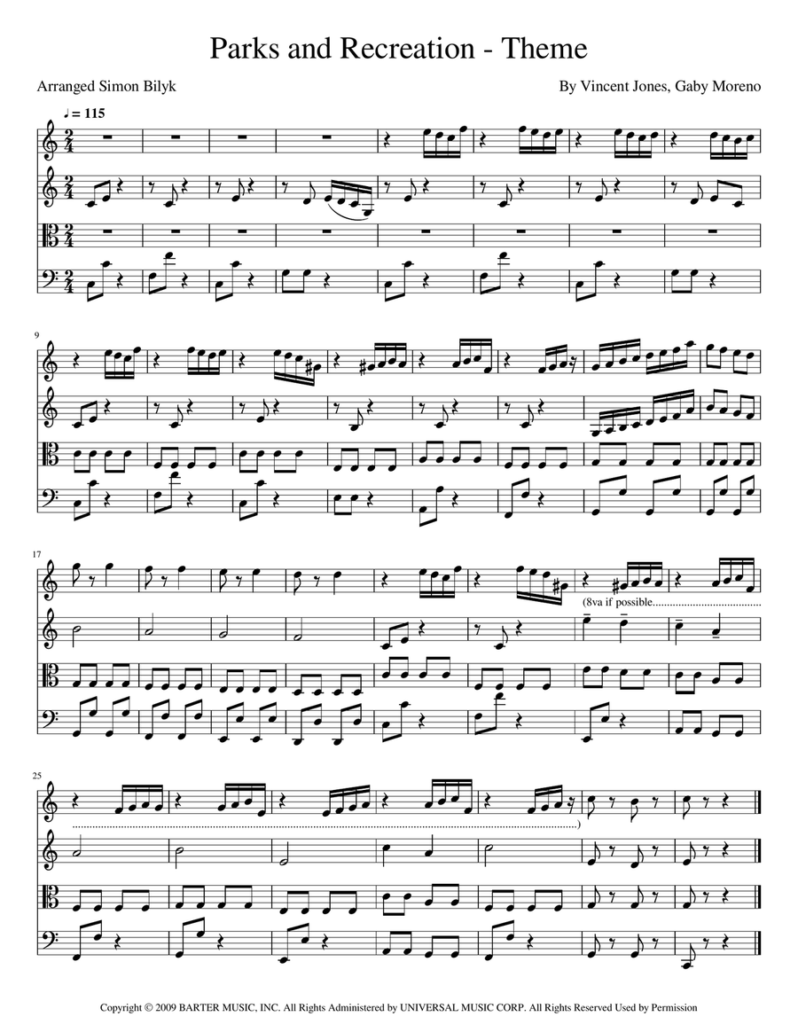 Parks And Recreation Theme String Quartet scores gallery preview page 1