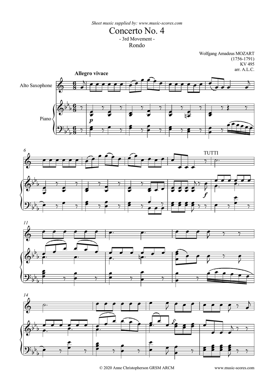 3rd Movement, Rondo, from Mozart's Horn Concerto no. 4 - Alto Sax and Piano 3rd Movement, Rondo, from Mozart's Horn Concerto no. 4 - Alto Sax and Piano Alto Saxophone scores gallery preview page 1
