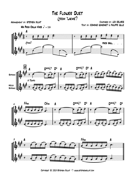 The Flower Duet (from "Lakme") - lead sheet for treble clef duo (key of A)