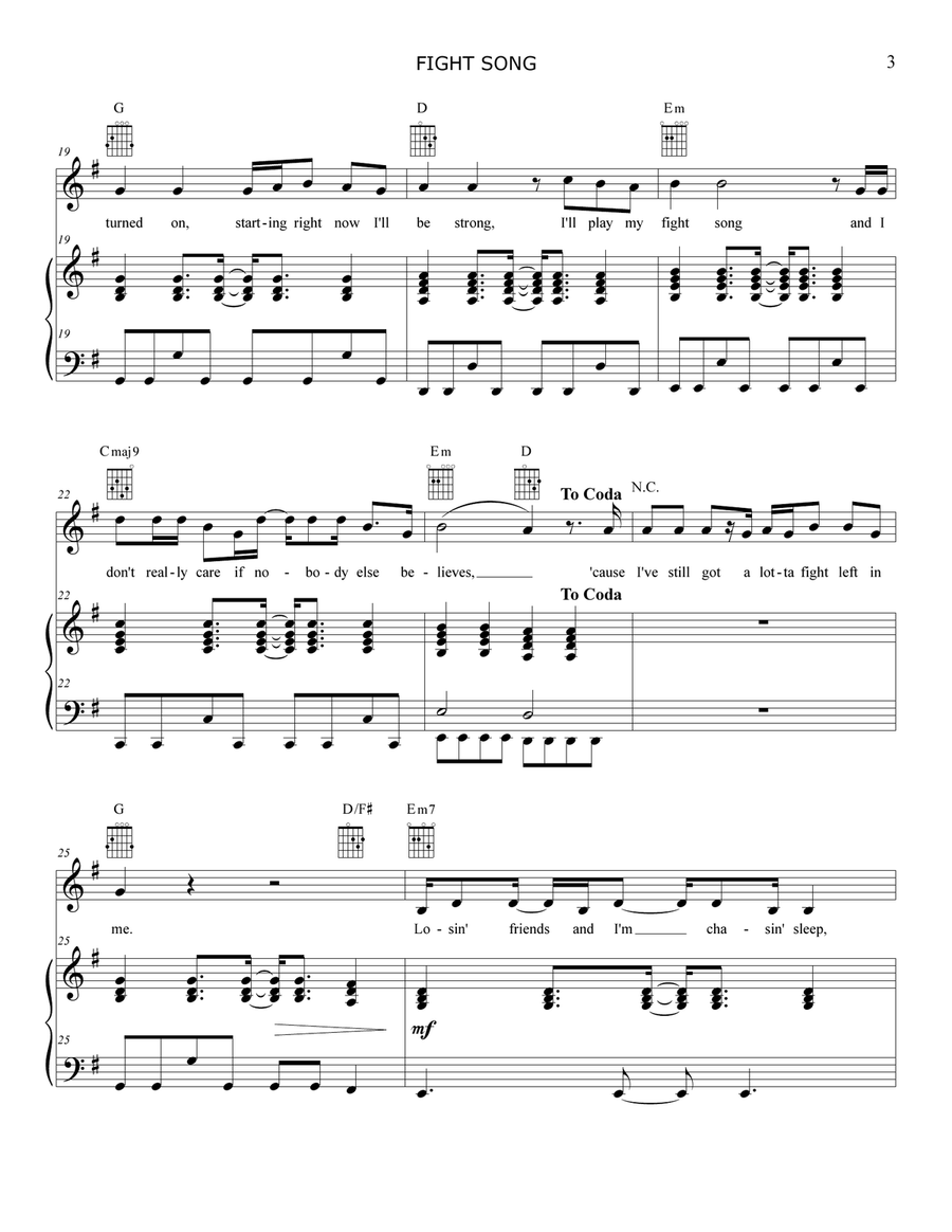 Fight Song Piano, Vocal scores gallery preview page 3