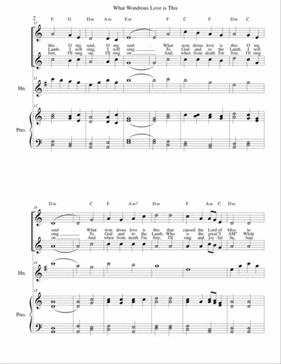 What Wondrous Love is This - Original Lyrics - french horn in F, vocal duet and piano Small Ensemble scores gallery preview page 2