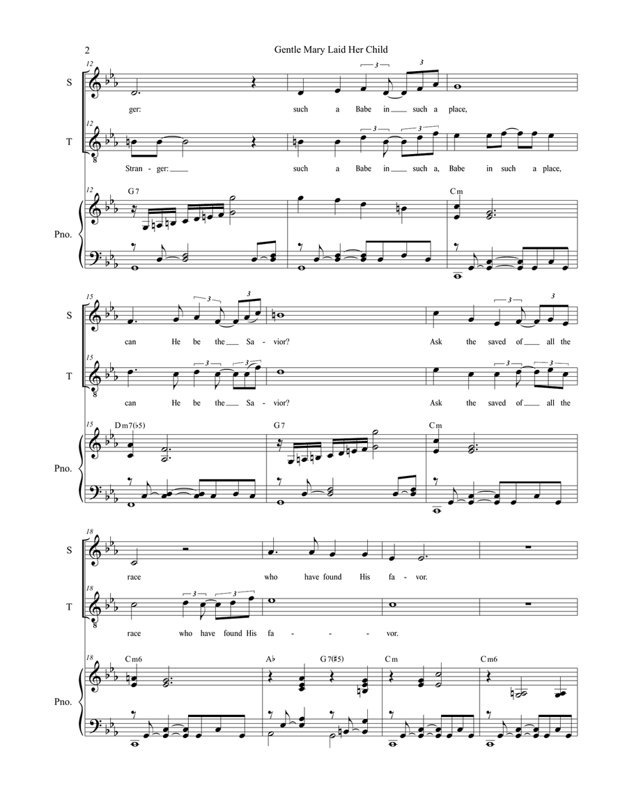 Gentle Mary Laid Her Child (for 2-part choir - (Soprano and Tenor) 2-Part scores gallery preview page 3