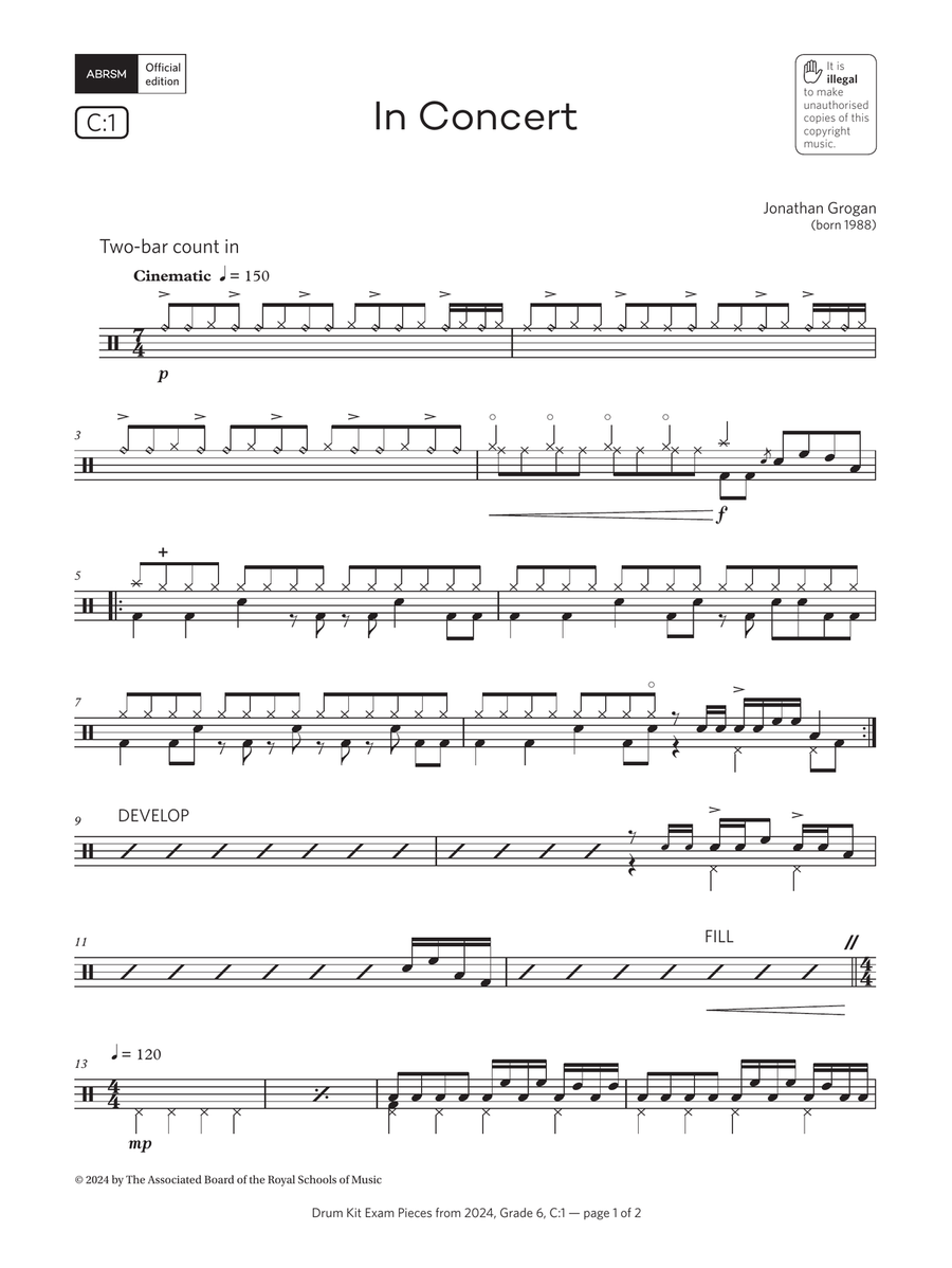 In Concert (Grade 6, list C1, from the ABRSM Drum Kit Syllabus 2024) Drum Set scores gallery preview page 1
