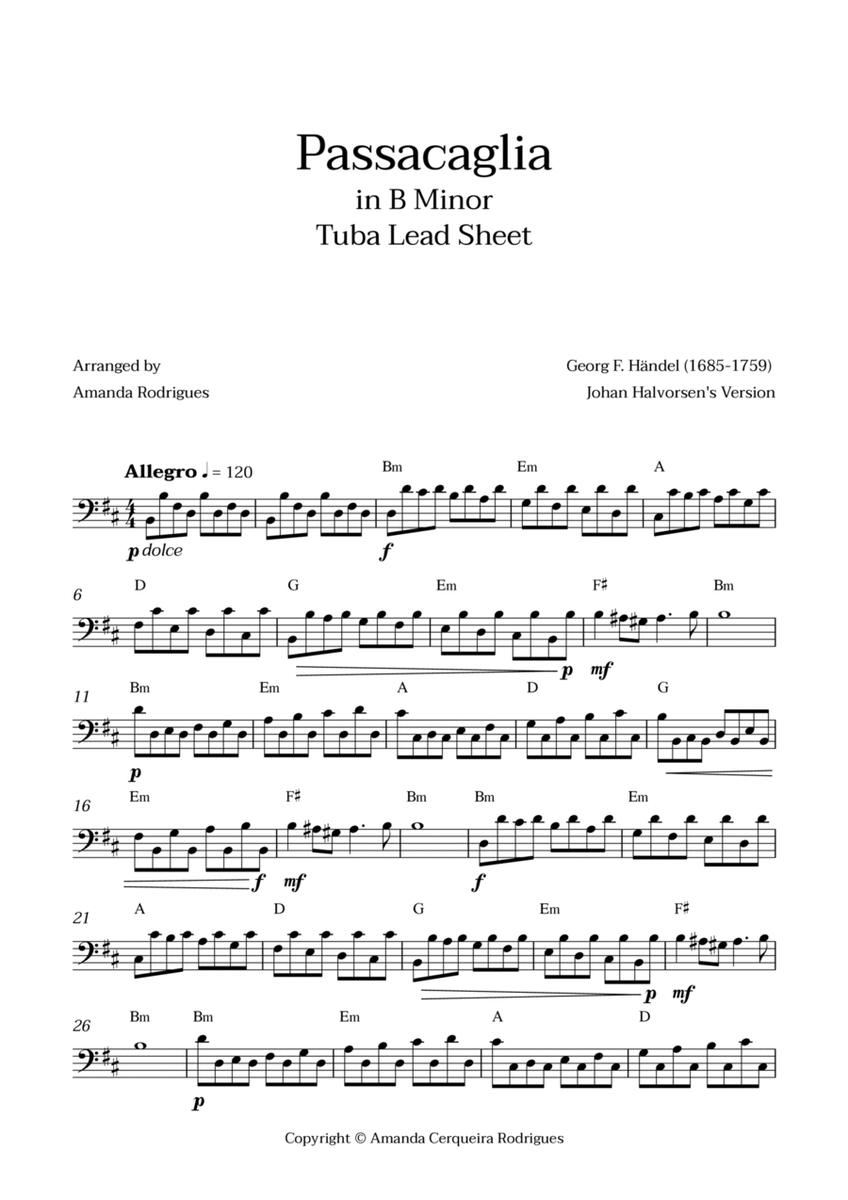 Passacaglia - Easy Tuba Lead Sheet in Bm Minor (Johan Halvorsen's Version) image number null