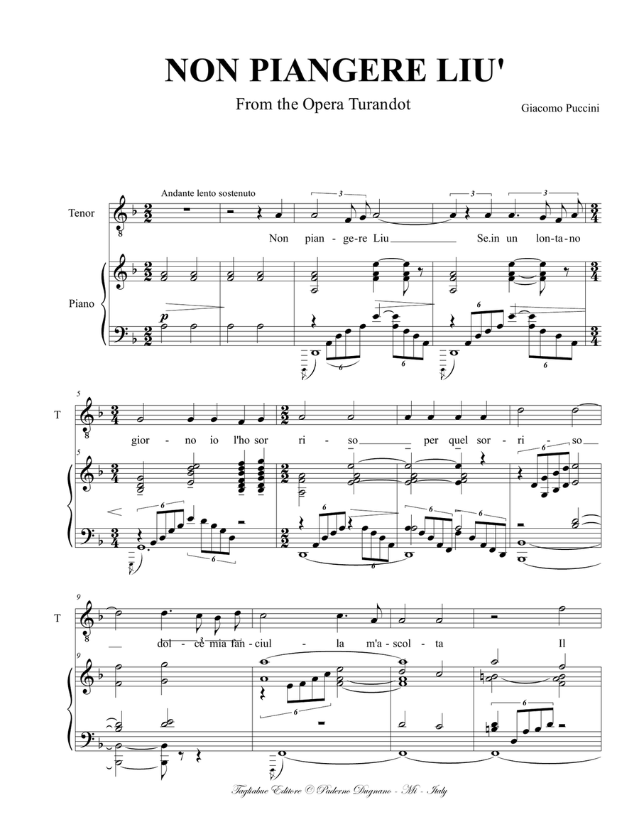 NON PIANGERE LIU' G. Puccini For tenor and Piano by Puccini