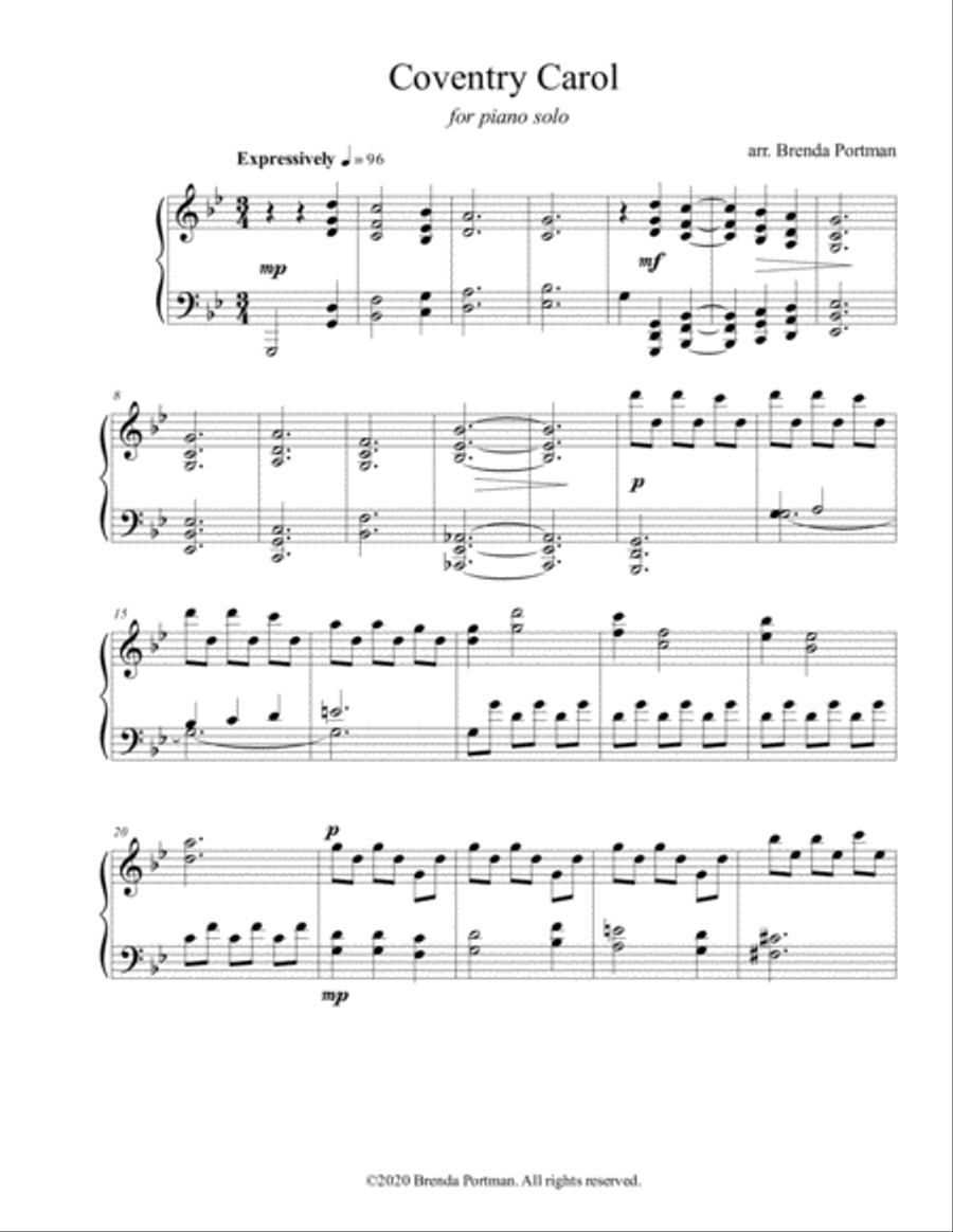 Coventry Carol (piano solo), arr. Brenda Portman Piano Solo scores gallery preview page 1
