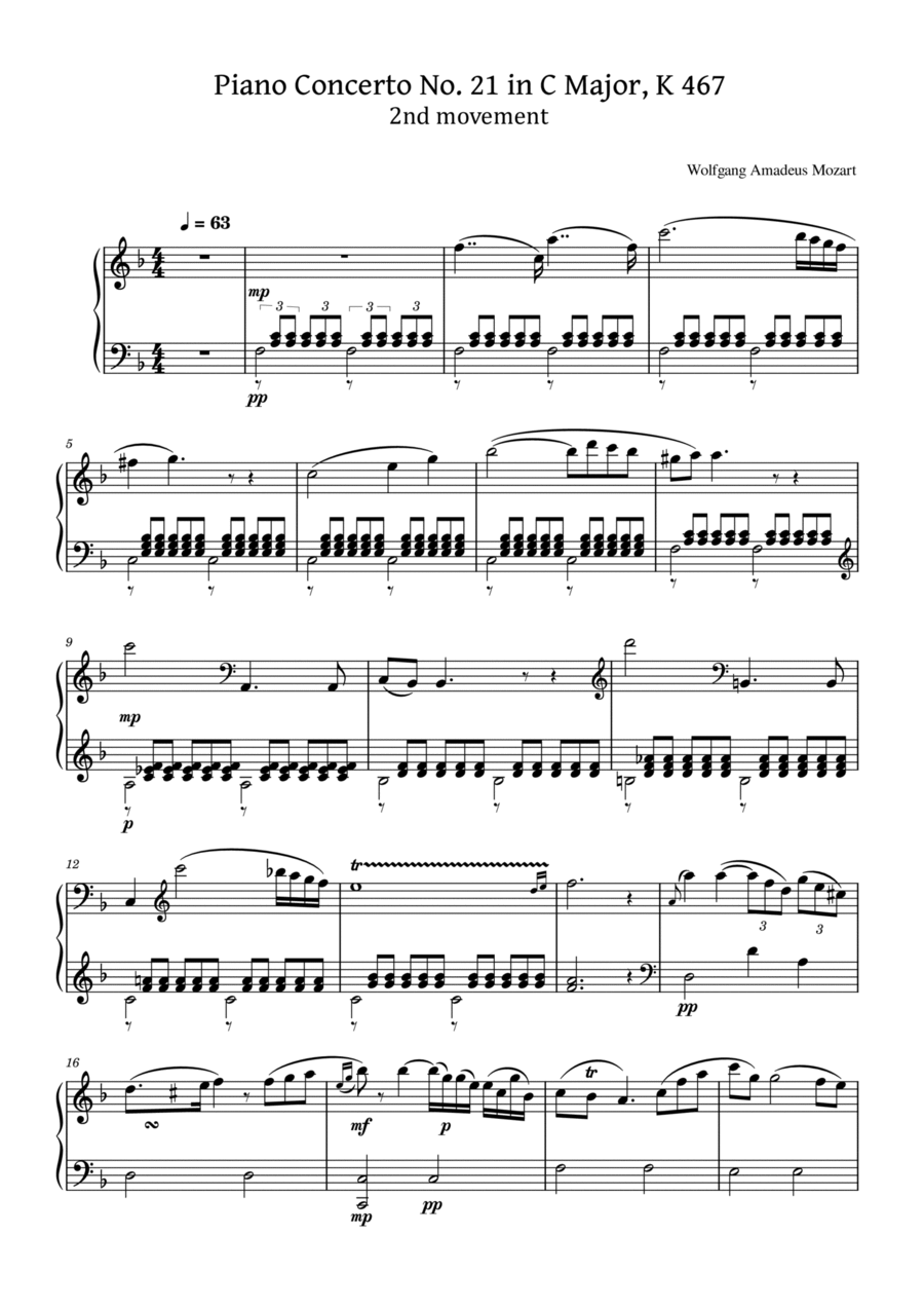 Mozart - Piano Concerto No.21 in C major, K.467 - II.Andante 2nd Mov - For Piano Solo Piano Solo scores gallery preview page 1