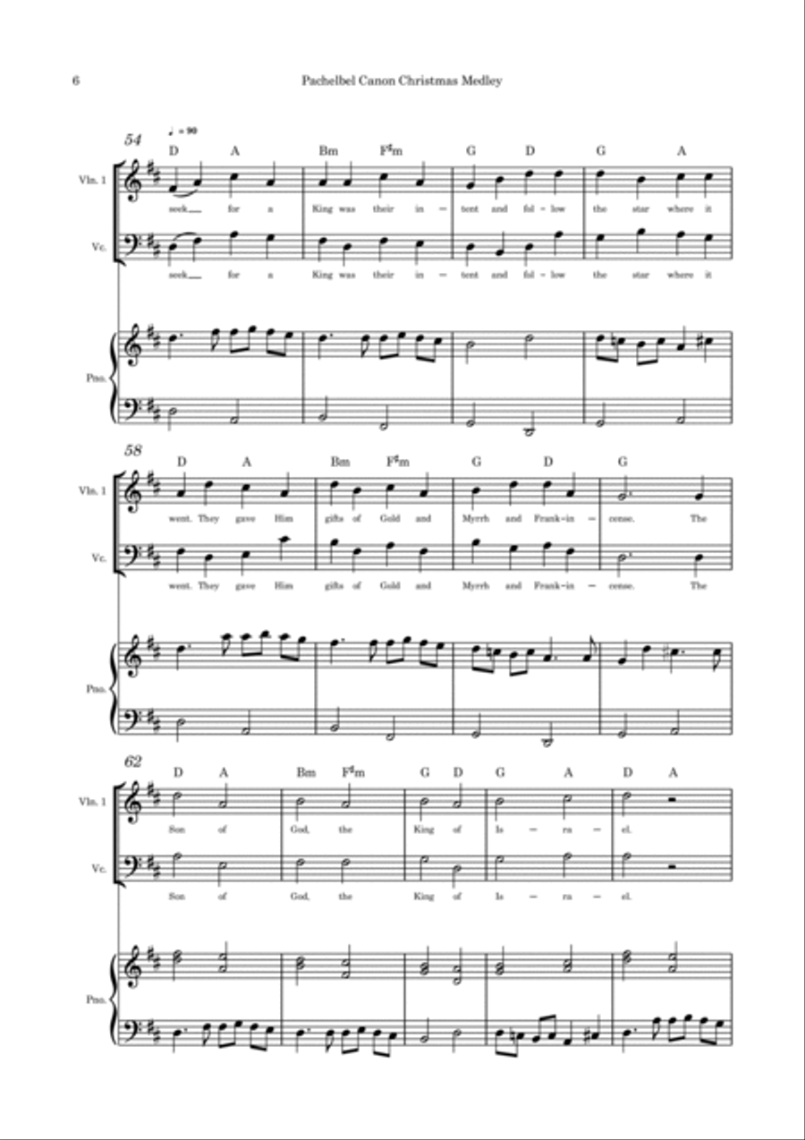 Pachelbel Canon with optional Christmas Medley lyrics violin and cello duet and piano Piano Trio scores gallery preview page 6