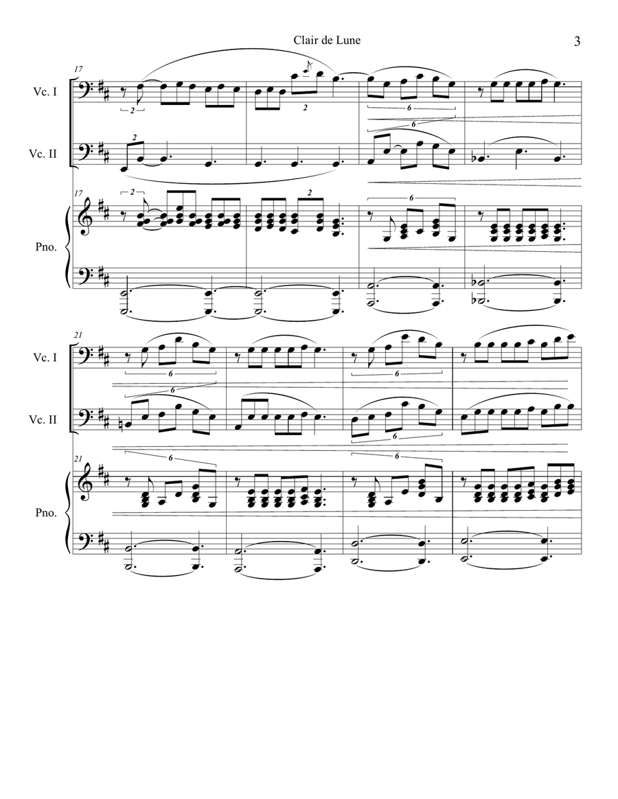 Clair de Lune (Cello Duet) with piano accompaniment String Duet scores gallery preview page 3