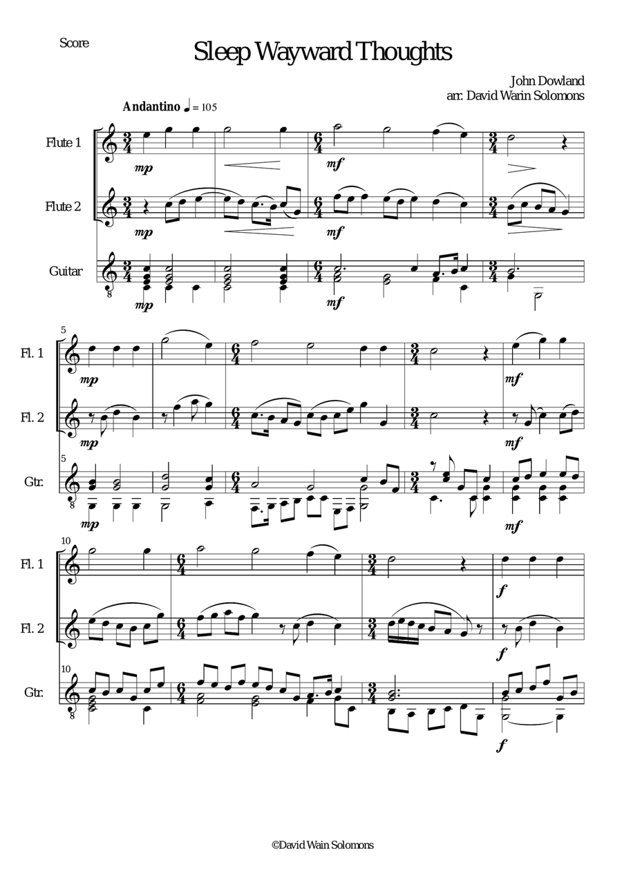 Sleep wayward thoughts for 2 flutes and guitar Flute scores gallery preview page 1