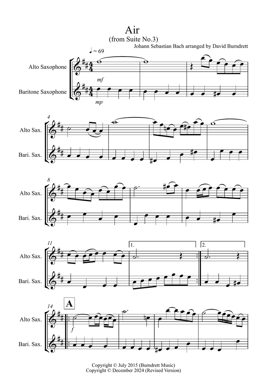 Air on A G String for Alto and Baritone Saxophone Duet Saxophone Duet scores gallery preview page 1