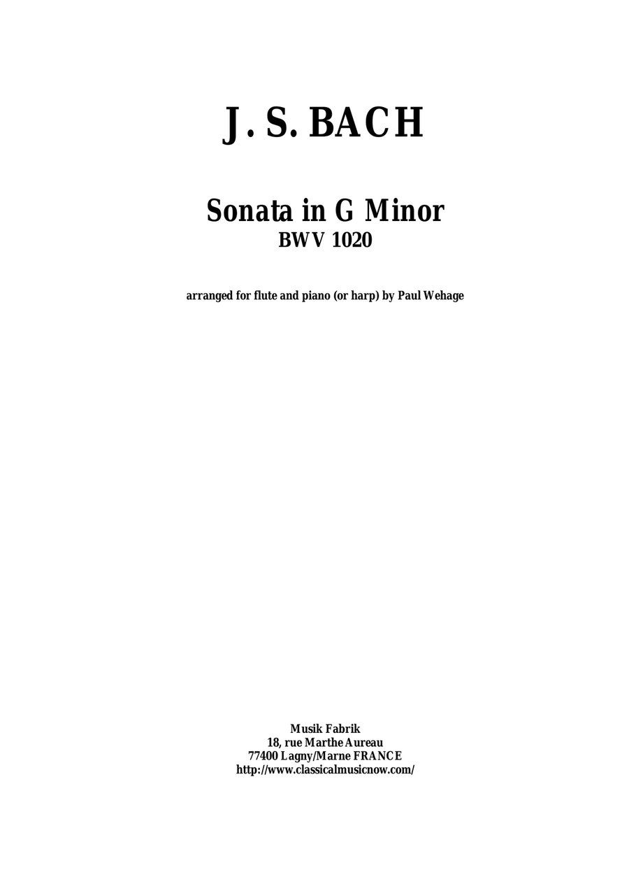J. S. Bach: Sonata in g minor, BWV 1020 arranged for flute and piano (or harp) Flute Solo scores gallery preview page 1