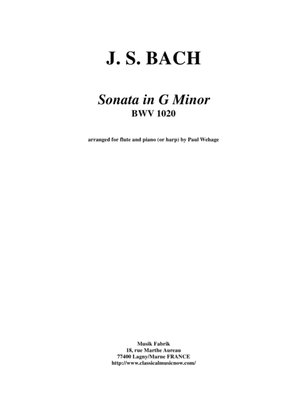 Book cover for J. S. Bach: Sonata in g minor, BWV 1020 arranged for flute and piano (or harp)