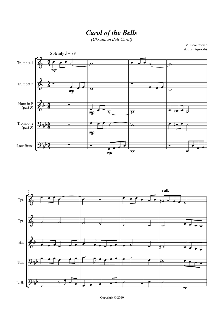 Carol of the Bells (Ukrainian Bell Carol) - Jazz Arrangement for Brass Quartet Brass Quartet scores gallery preview page 1