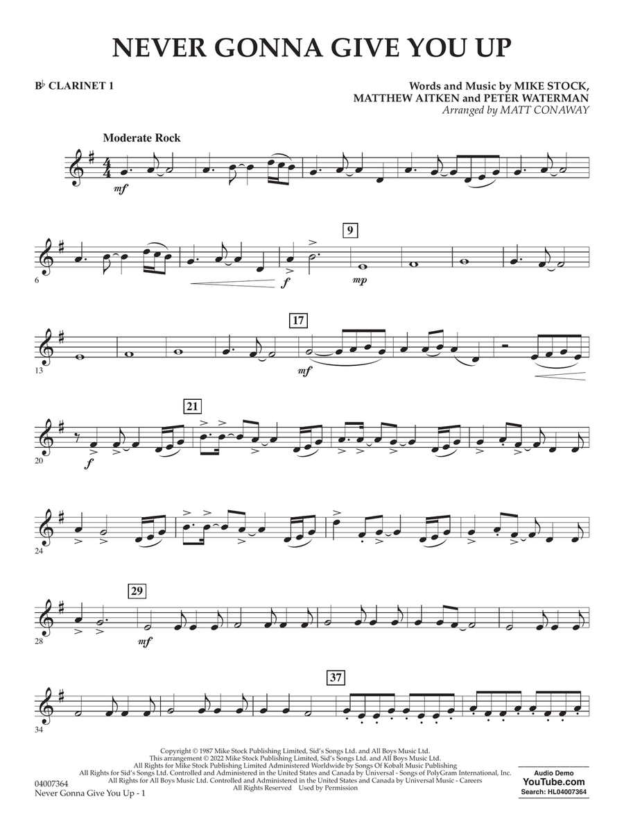 Never Gonna Give You Up (arr. Matt Conaway) - Bb Clarinet 1 Concert Band scores gallery preview page 1