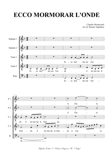 ECCO MORMORAR L'ONDE - C, Monteverdi - For SSTTB Choir (in F) image number null