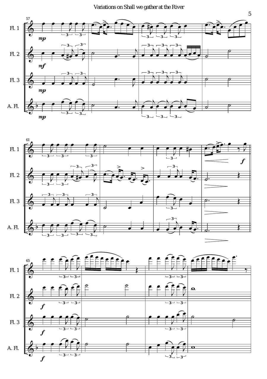 Variations on Shall we gather at the river for flute quartet (3 flutes and 1 alto flute) Flute Quartet scores gallery preview page 5
