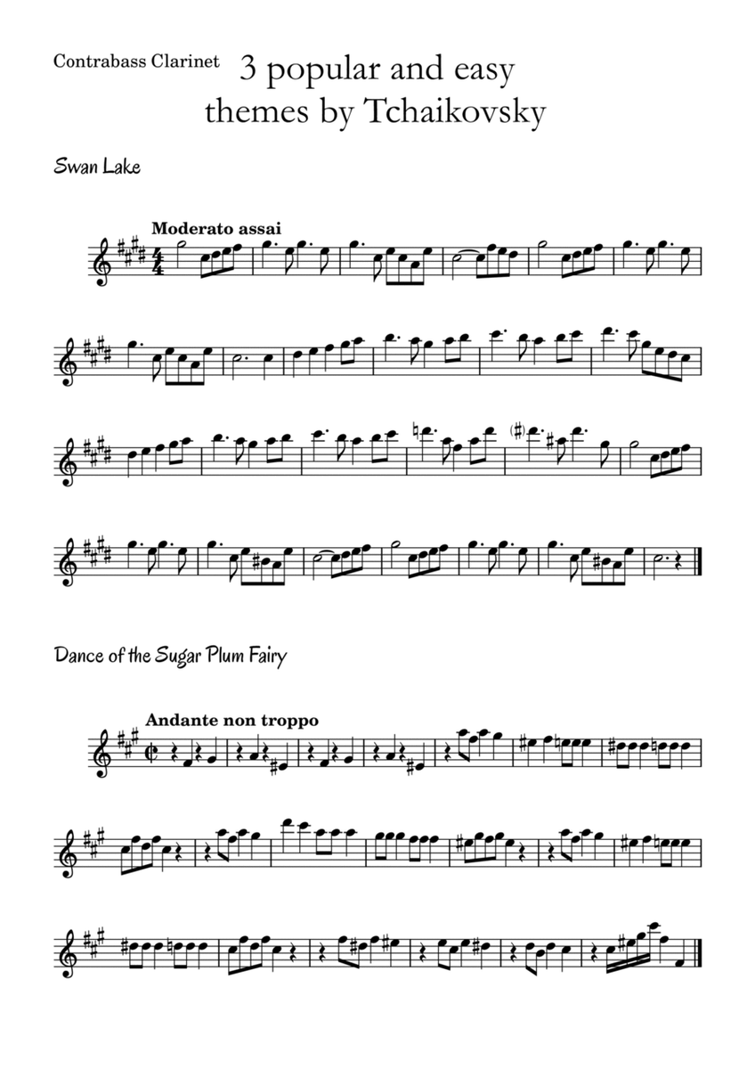 3 popular and easy themes by Tchaikovsky with accompaniment and chord symbols for Contrabass Clarine image number null