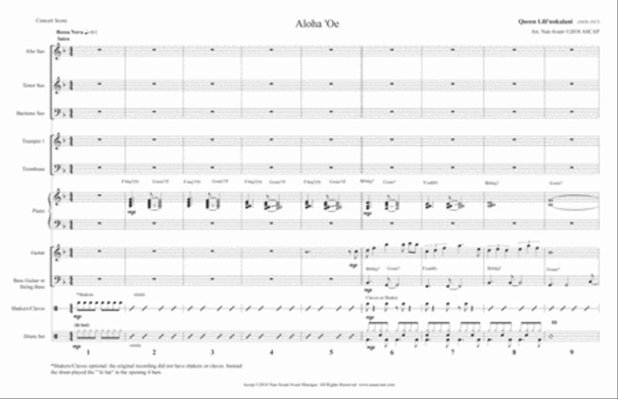 Aloha 'Oe for Jazz Ensemble and Horns, a bossa nova. Jazz Ensemble scores gallery preview page 4