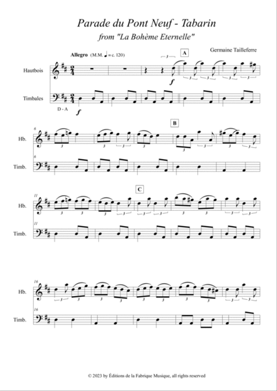 Germaine Tailleferre : Parade sur le Pont-Neuf : Tabarin for oboe and timpani Oboe scores gallery preview page 2
