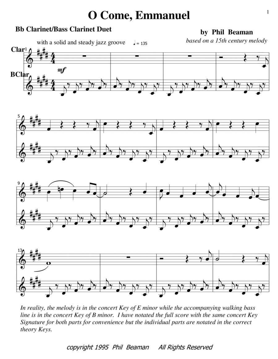 O Come, Emmanuel - jazz clarinet and bass clarinet Clarinet Duet scores gallery preview page 1
