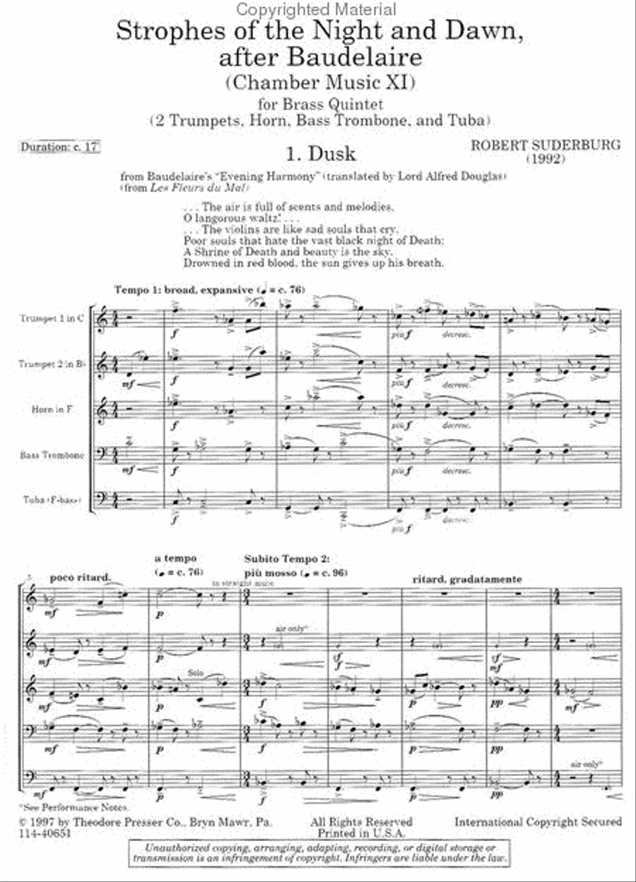 Strophes of the Night and Dawn, after Baudelaire Chamber Music scores gallery preview page 2