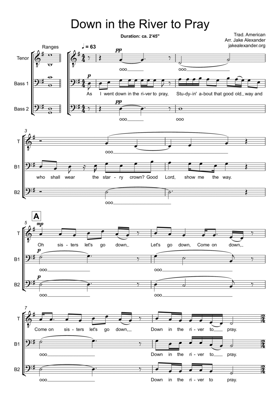 Down in the River to Pray - TBB a cappella 3-Part scores gallery preview page 1