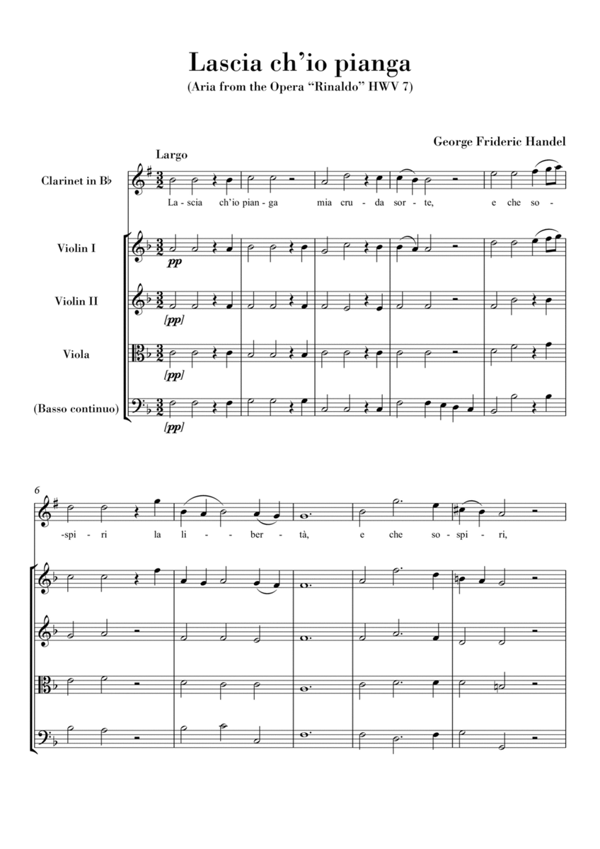 Lascia ch'io pianga (for Clarinet Bb Solo and String Quartet) Original key F major image number null