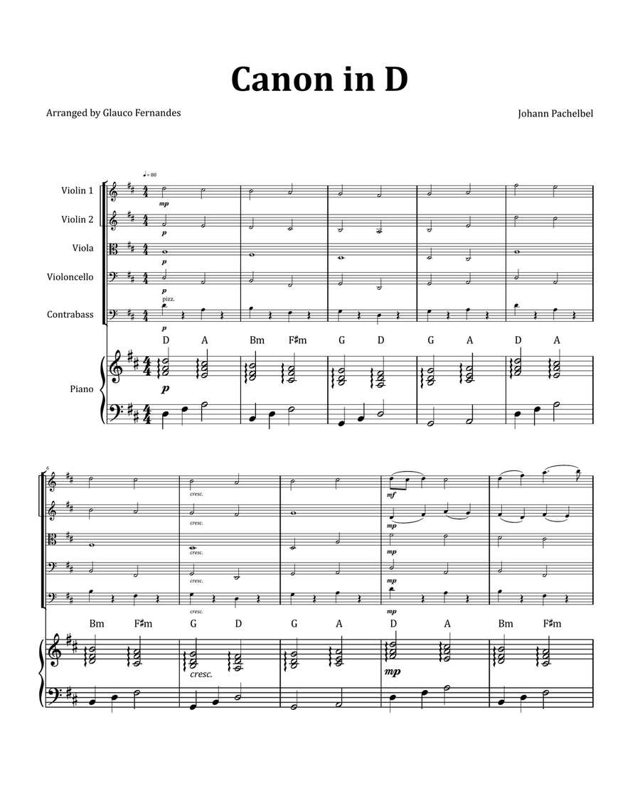 Canon by Pachelbel - String Quintet with Piano and Chord Notation String Orchestra scores gallery preview page 1