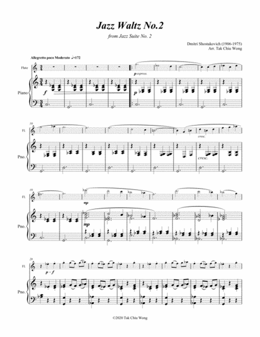 Jazz Waltz No. 2 arranged for Flute and Piano