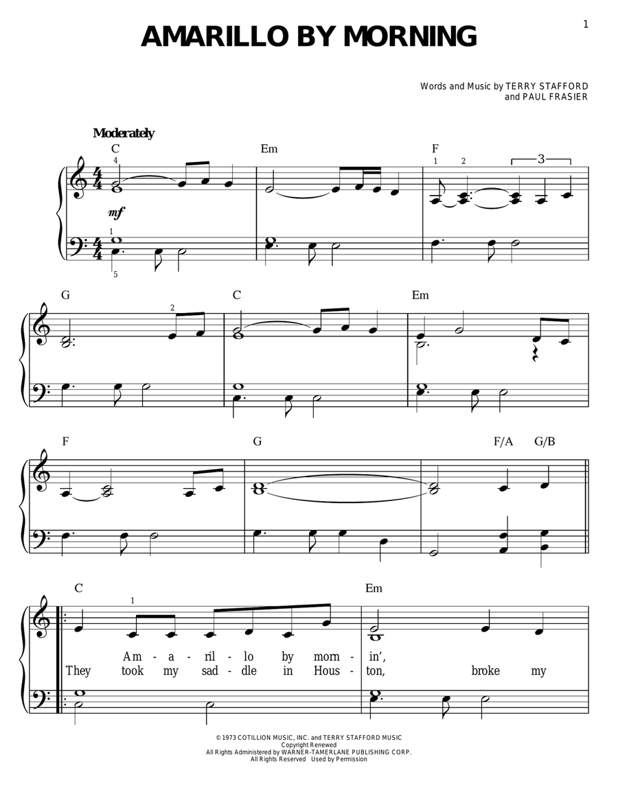 Amarillo By Morning Easy Piano scores gallery preview page 1