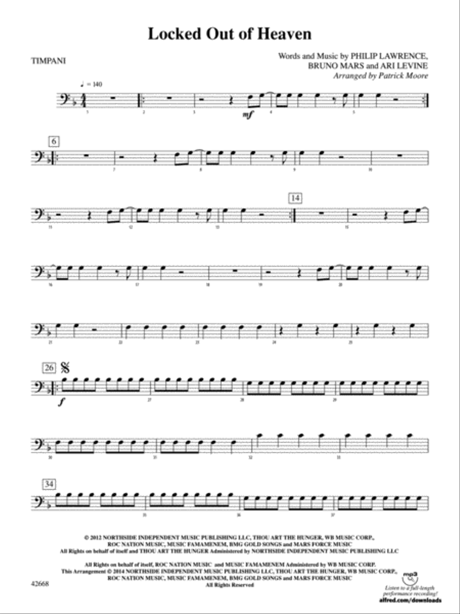 Locked Out of Heaven: Timpani Percussion Ensemble scores gallery preview page 1