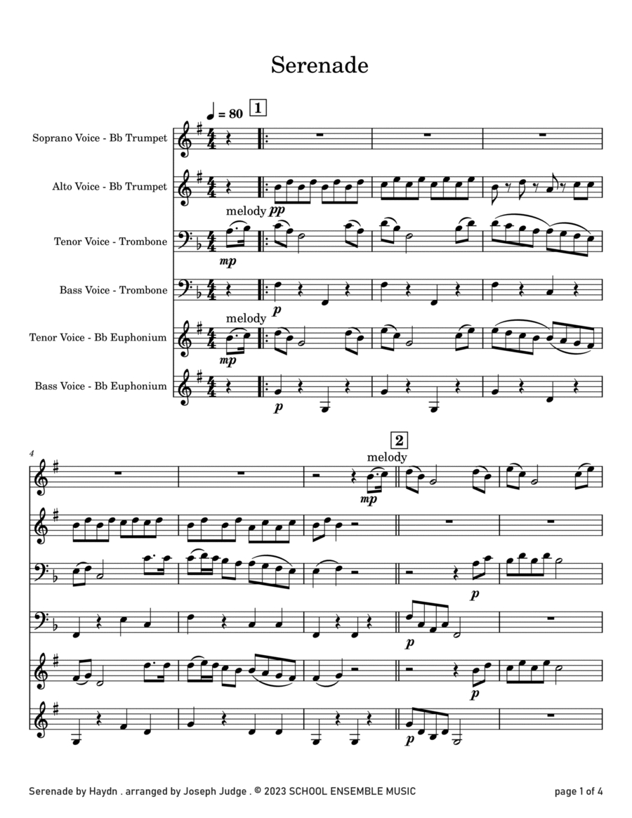 Serenade by Haydn for Brass Quartet in Schools Brass Quartet scores gallery preview page 1