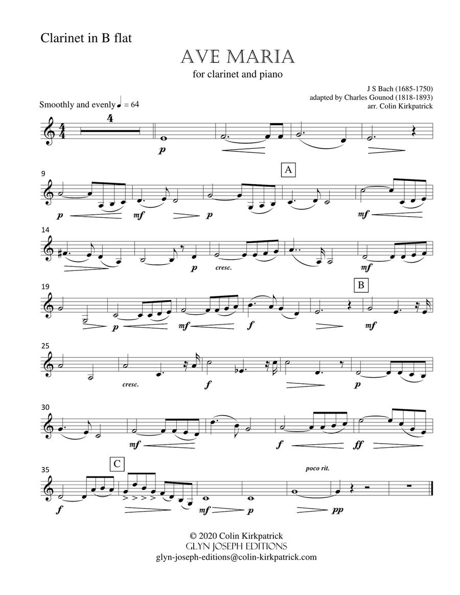 Bach-Gounod: Ave Maria for Clarinet and Piano Clarinet Solo scores gallery preview page 2