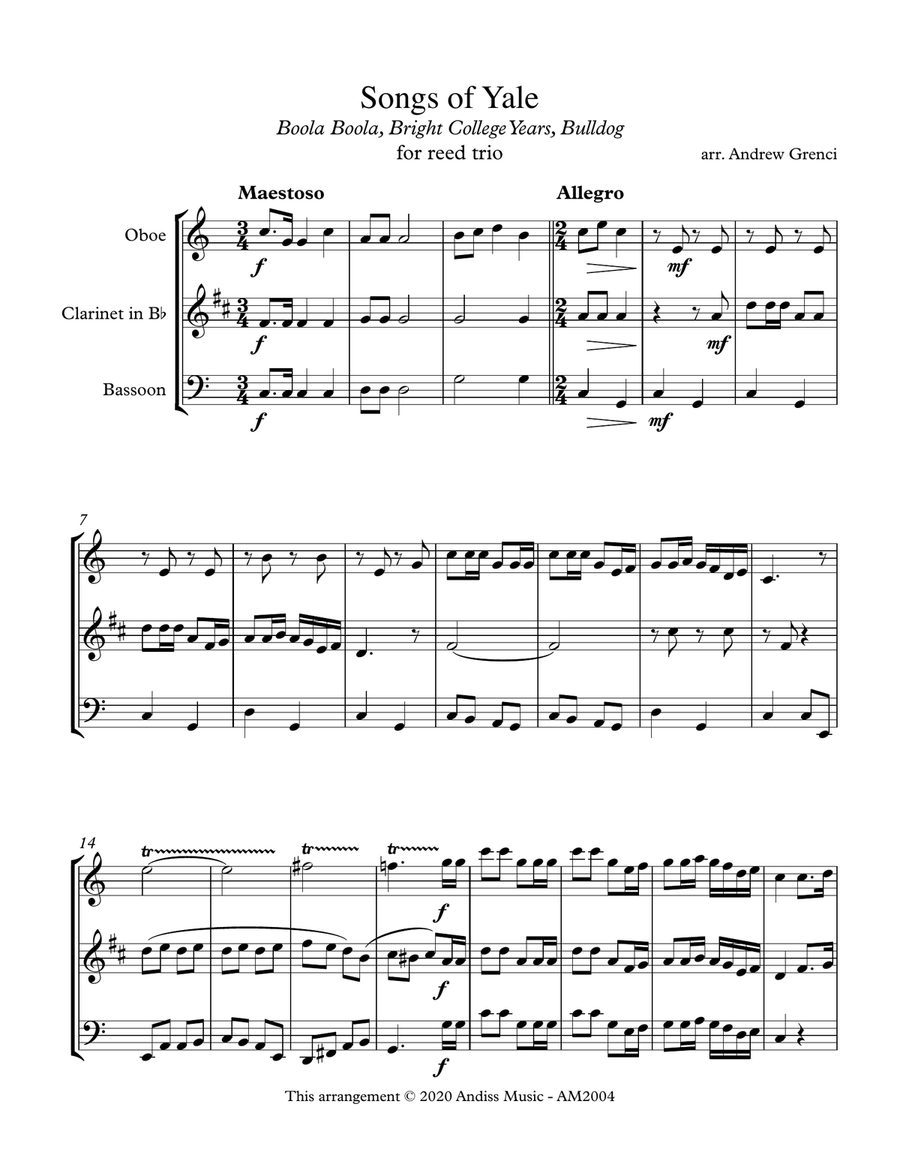 Songs of Yale (Boola Boola, Bright College Years, Bulldog) Woodwind Trio scores gallery preview page 1