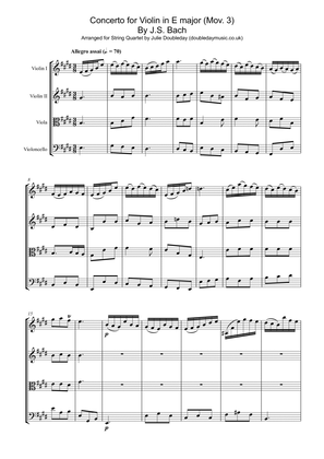 Book cover for Bach: Concerto for Violin in E major Mov 3 for String Quartet - Score and Parts