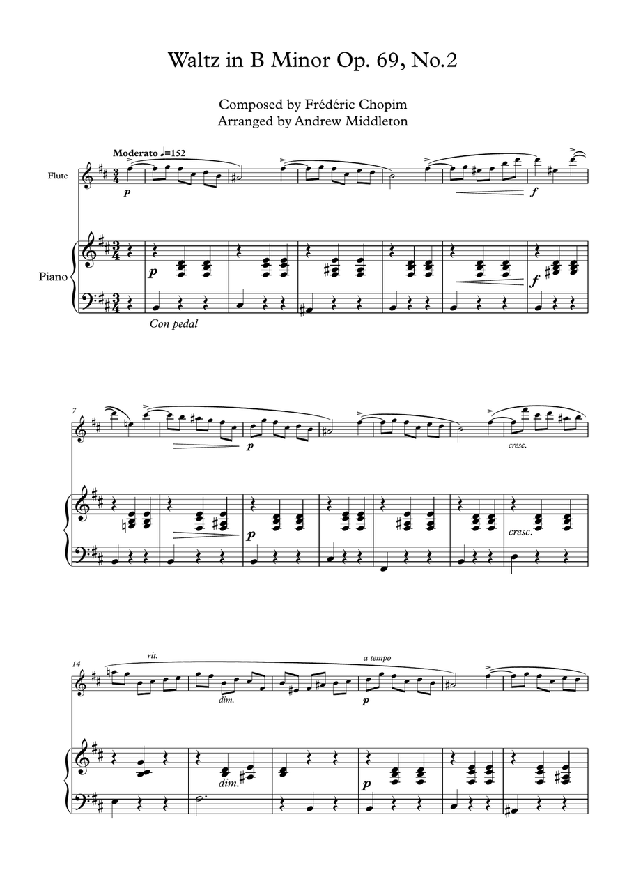 Waltz in B Minor Op. 69, No. 2 for Flute & Piano Flute Solo scores gallery preview page 1
