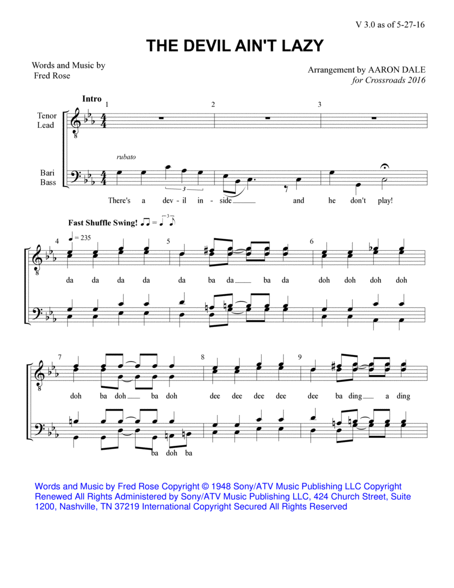 The Devil Ain't Lazy TTBB - Digital Sheet Music