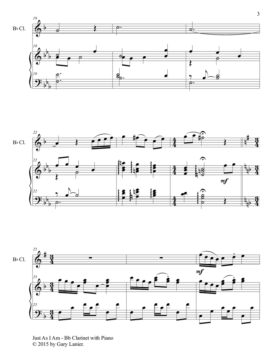 Gary Lanier: JUST AS I AM (Duet – Bb Clarinet & Piano with Parts) Woodwind Duet scores gallery preview page 4