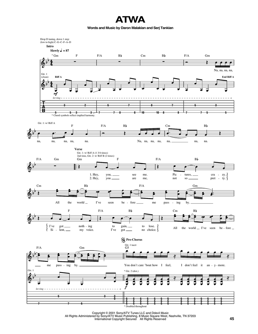 ATWA by System of a Down Electric Guitar Digital Sheet Music