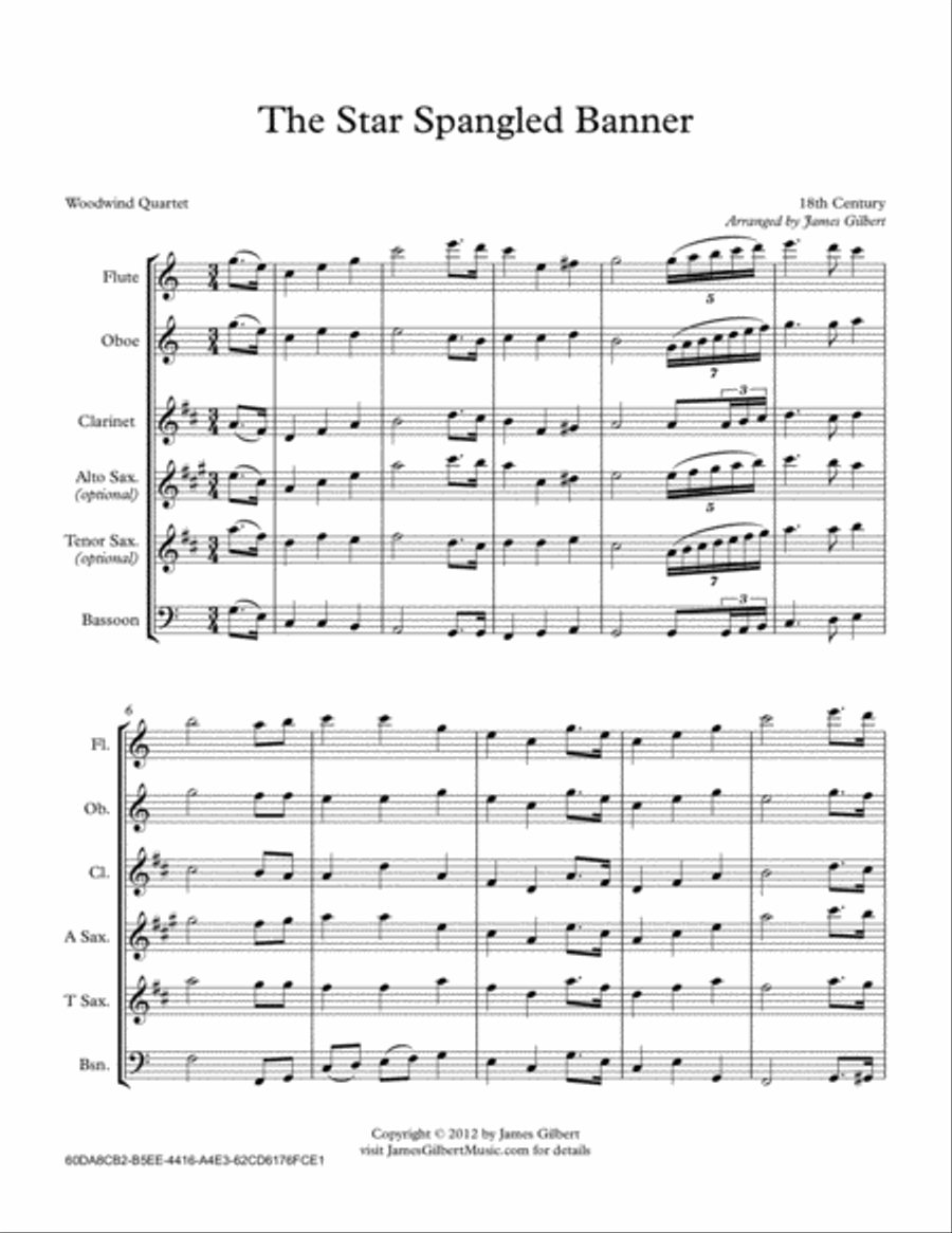 The Star Spangled Banner (National Anthem) Woodwind Quartet scores gallery preview page 1