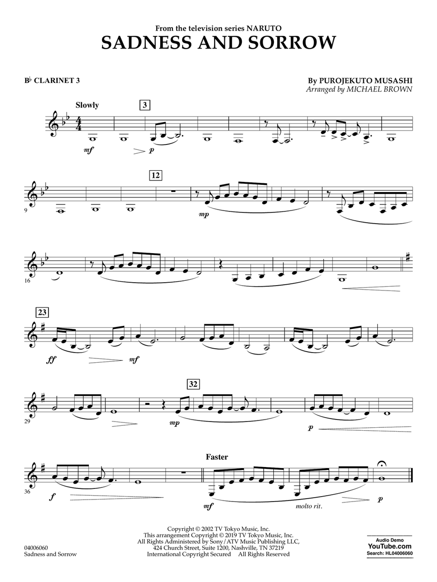 Sadness and Sorrow (from Naruto) (arr. Michael Brown) - Bb Clarinet 3 Concert Band scores gallery preview page 1