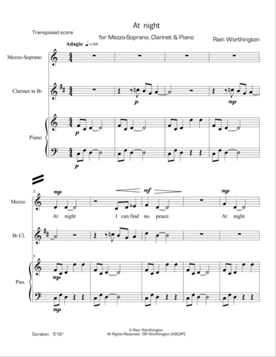 At Night - for mezzo, clarinet & piano Piano, Vocal, Guitar scores gallery preview page 3