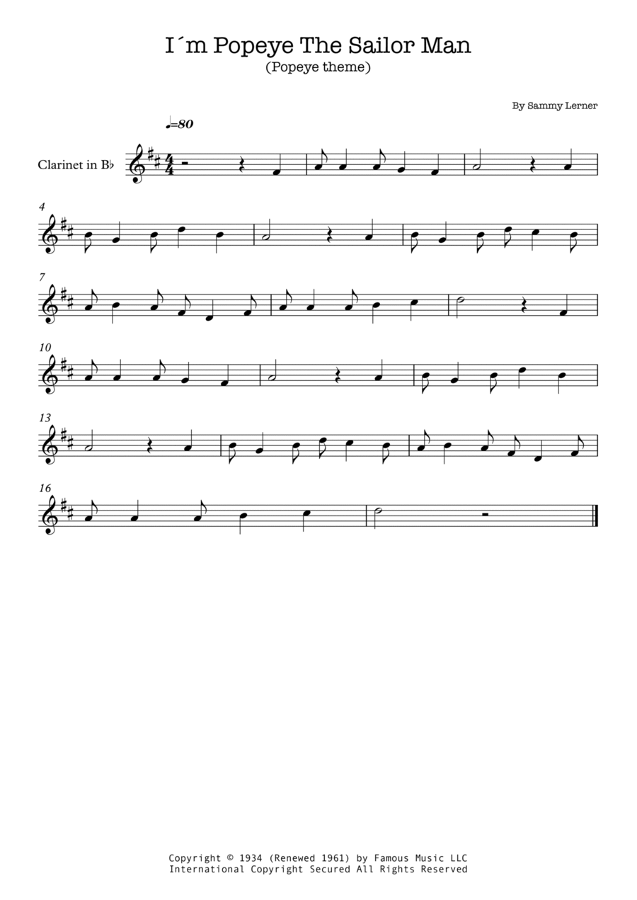 I'm Popeye The Sailor Man Clarinet Solo scores gallery preview page 1