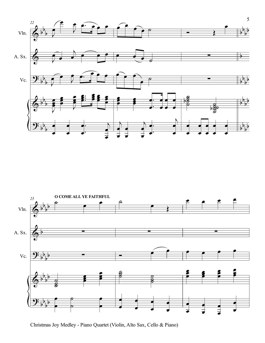 CHRISTMAS JOY MEDLEY (Piano Quartet - Violin, Alto Sax, Cello and Piano with Score & Parts) Piano Quartet scores gallery preview page 6