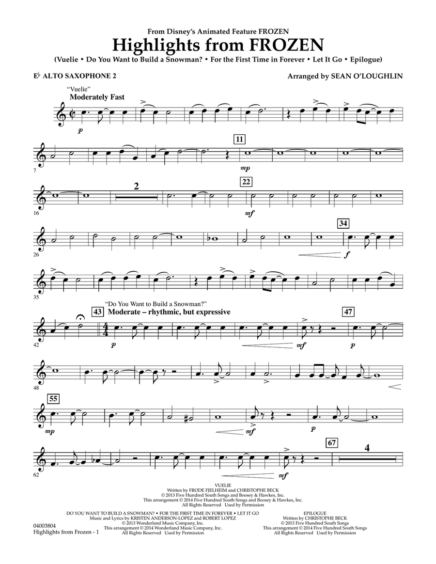 Highlights from Frozen (arr. Sean O'Loughlin) - Eb Alto Saxophone 2 Concert Band scores gallery preview page 1