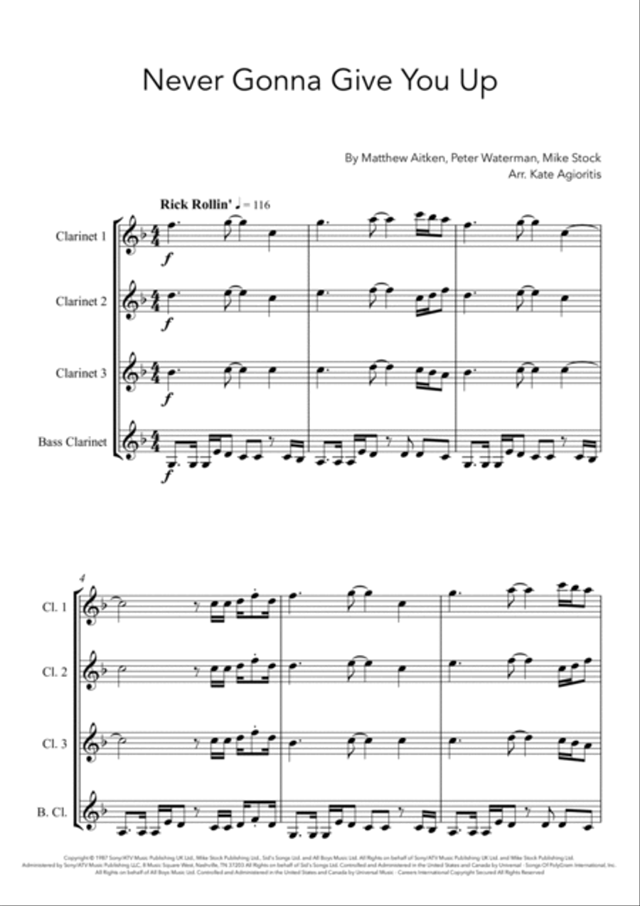 Never Gonna Give You Up Clarinet Quartet scores gallery preview page 3