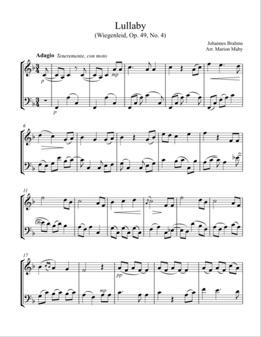 Brahms Lullaby arr. for violin & cello duet String Duet scores gallery preview page 1