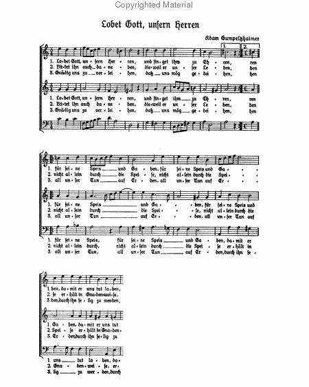 Gumpelzhaimer: Lobet Gott; Praetorius: Singen wir aus Herzensgrund